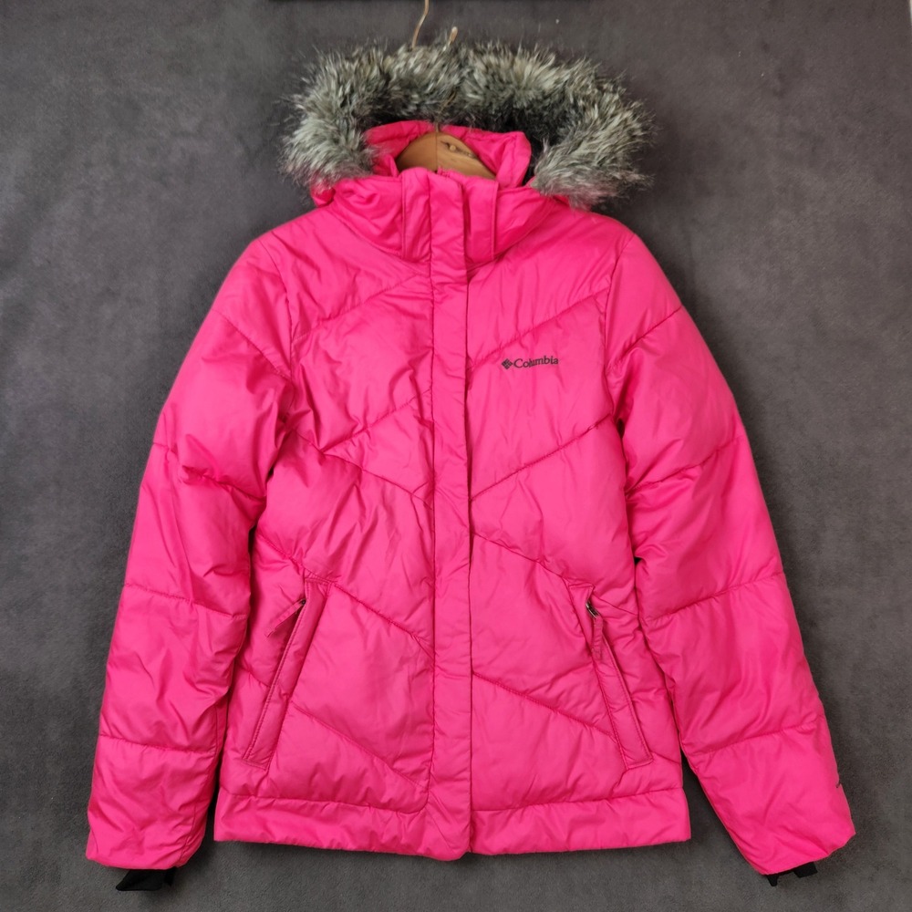 Columbia Puffer Jacket Womens Small Pink Faux Fur Hooded Omni Shield Winter Coat